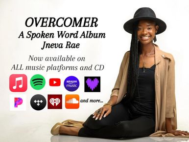 Promotional image for spoken word album 'OVERCOMER' by Jneva Rae, available on major music platforms.
