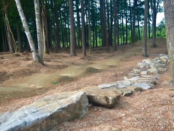 Mountain Bike Skills. Rock features along side a pump track.