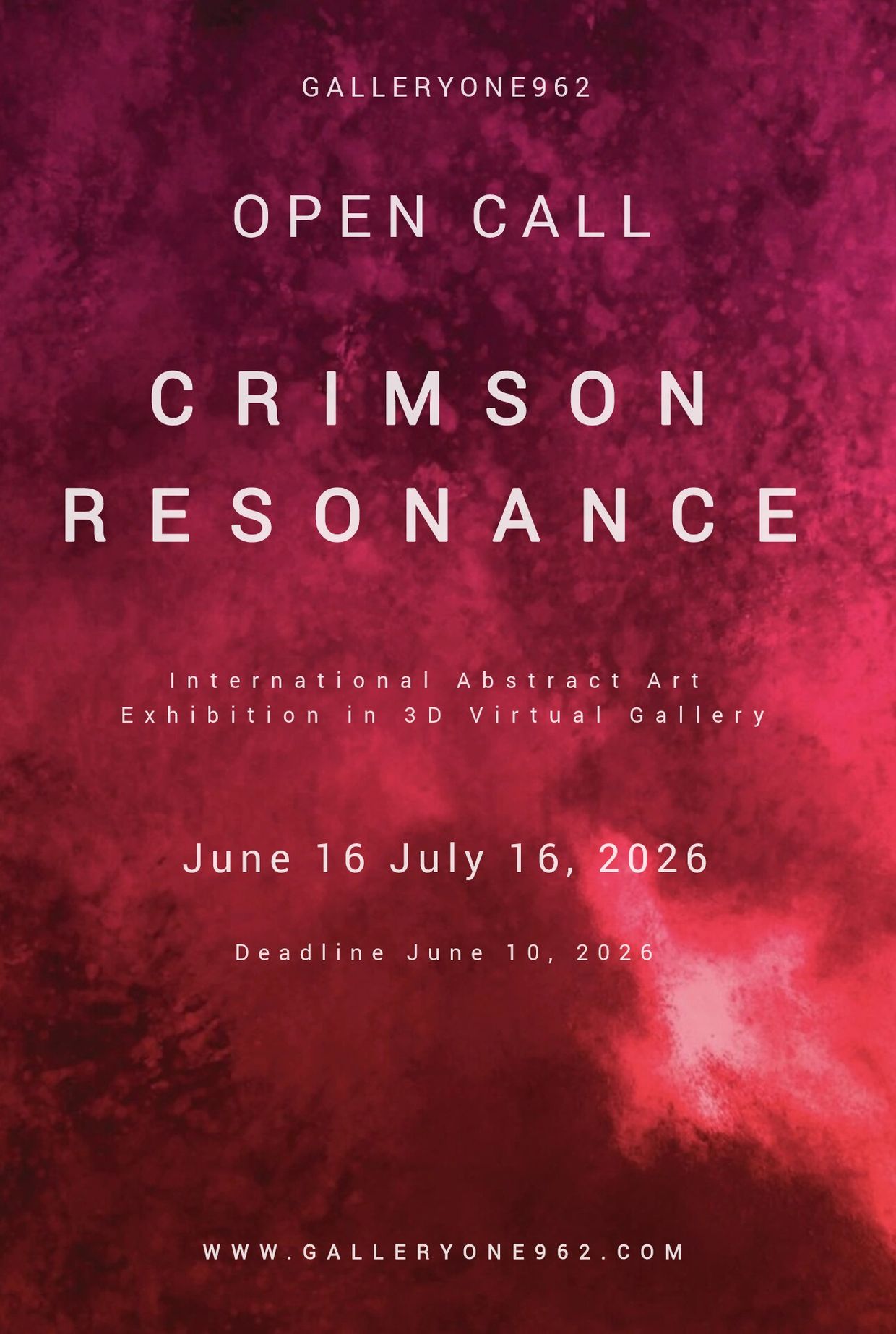 Open call for 'Crimson Resonance' abstract art exhibit in 3D virtual gallery, June 16-July 16, 2026.