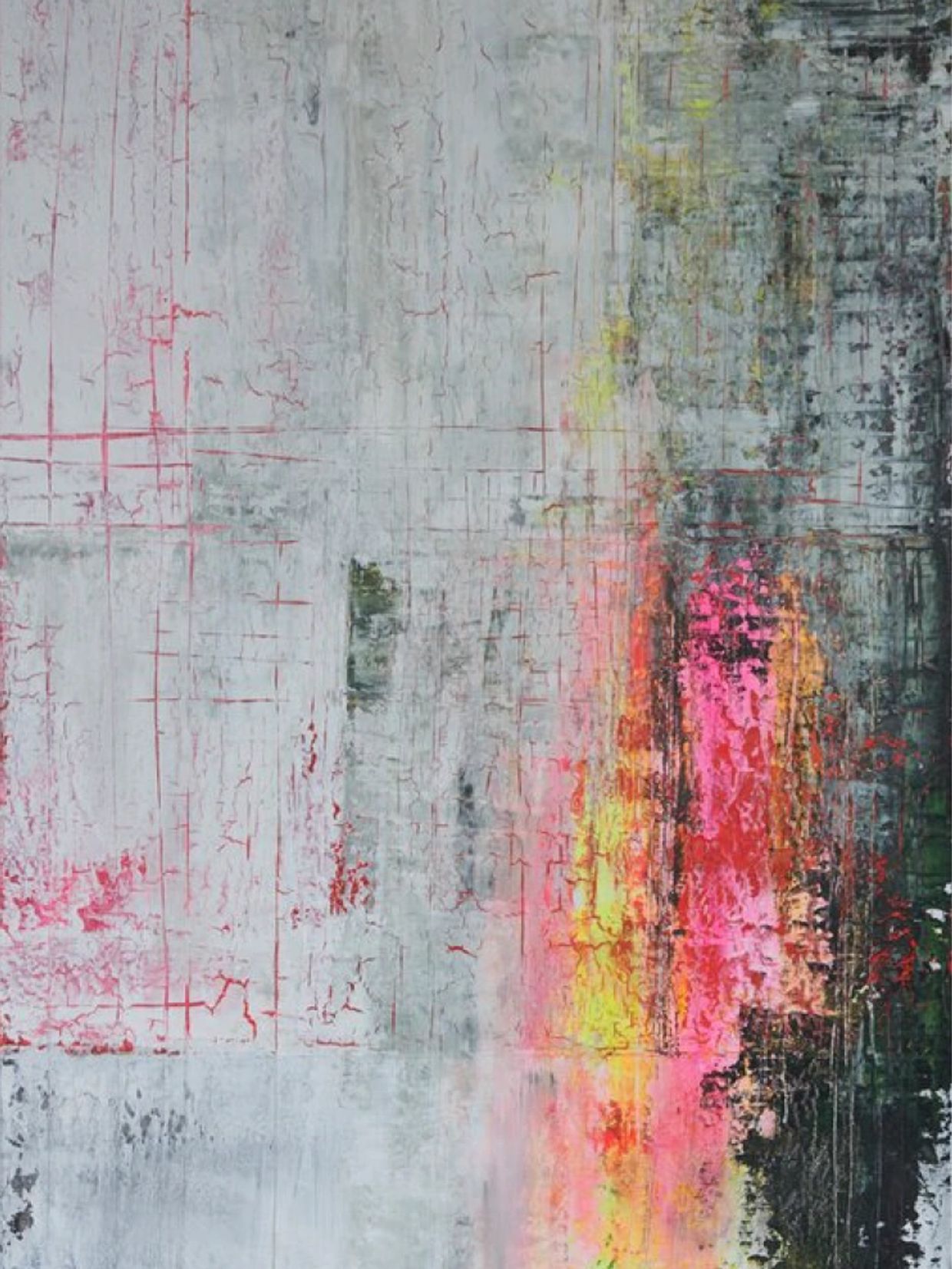 Abstract textured painting with neon pink, yellow, and red accents on gray background.