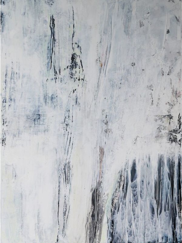 Abstract painting with textured white and black streaks and patterns.