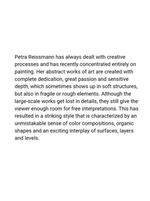 Text about Petra Reissmann's creative painting style and abstract art.