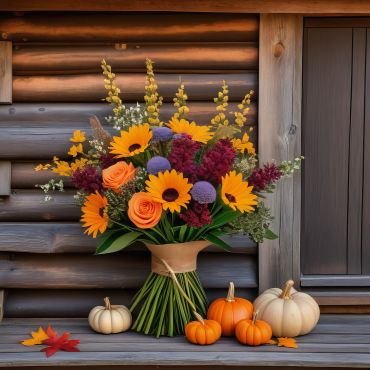Autumn bouquet with sunflowers and pumpkins on wooden bench.