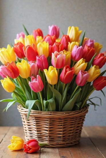 Colorful tulips in a wicker basket on a wooden table.