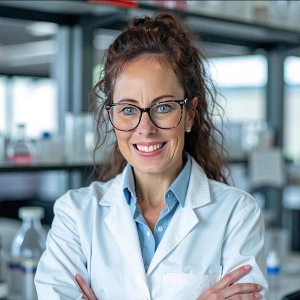 Smiling female scientist in lab coat and glasses.