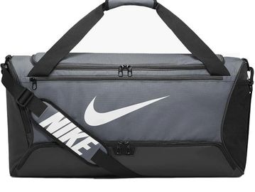 Gray and black Nike duffel bag with white logo.