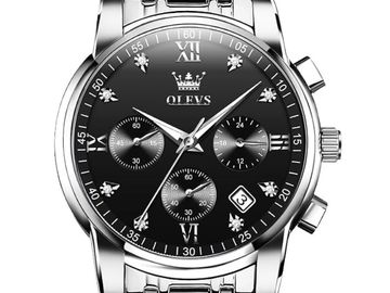 Silver wristwatch with black dial and three subdials.
