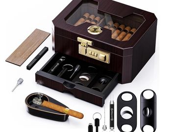 Elegant cigar humidor with accessories and lock.