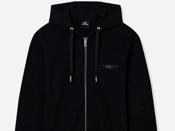 Black zip-up hoodie with front drawstrings and subtle logo.