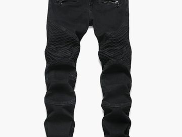 Black textured biker-style pants with zipper pockets.