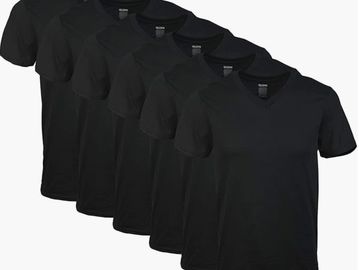 A set of six plain black V-neck T-shirts.