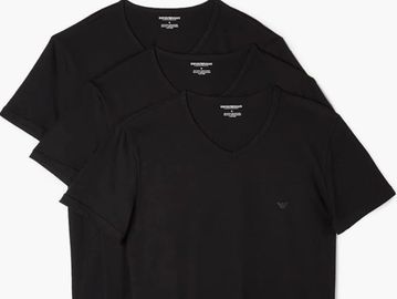 Set of three black men's t-shirts with different neck styles.