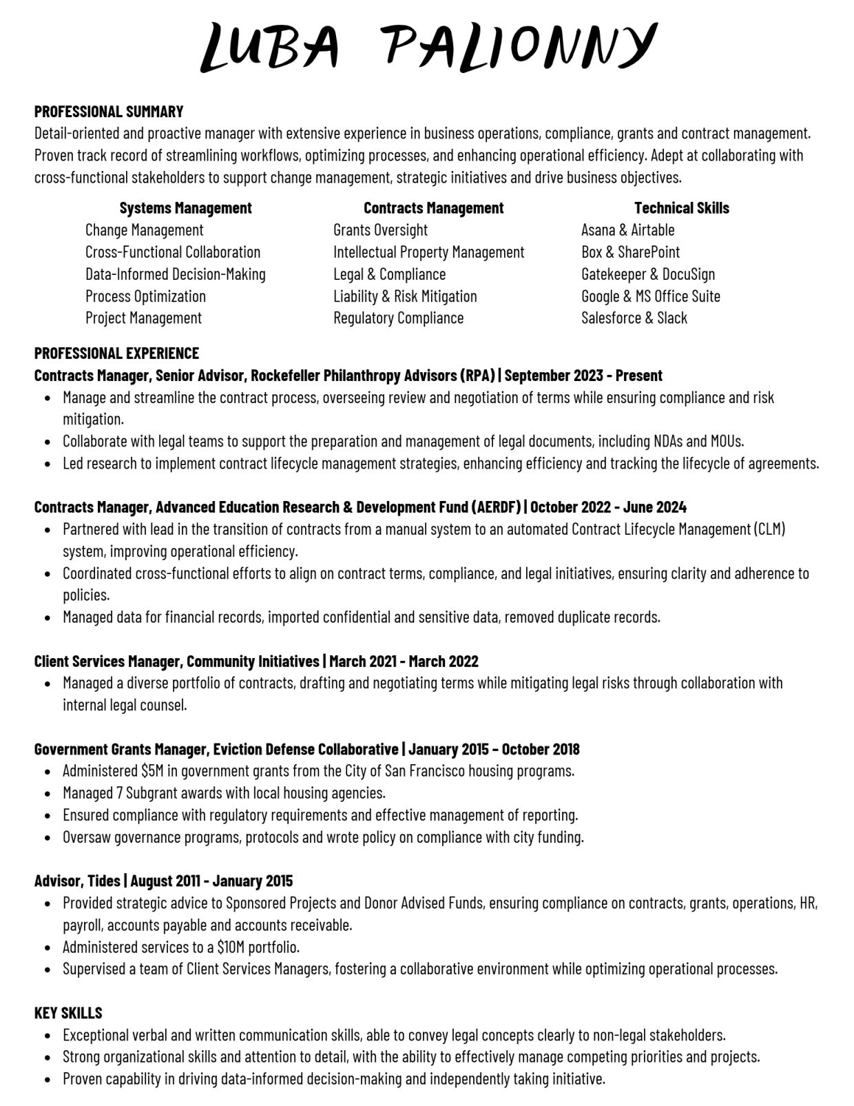 Professional resume of Luba Palionny, highlighting expertise in contracts management and operational efficiency.