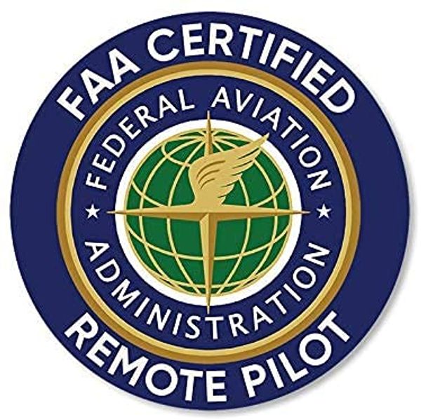 FAA Certified Remote Pilot badge with globe and winged emblem.