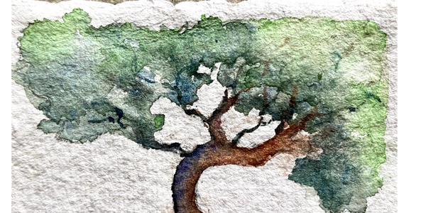 Watercolor painting of a tree with a curved trunk and lush green foliage.
