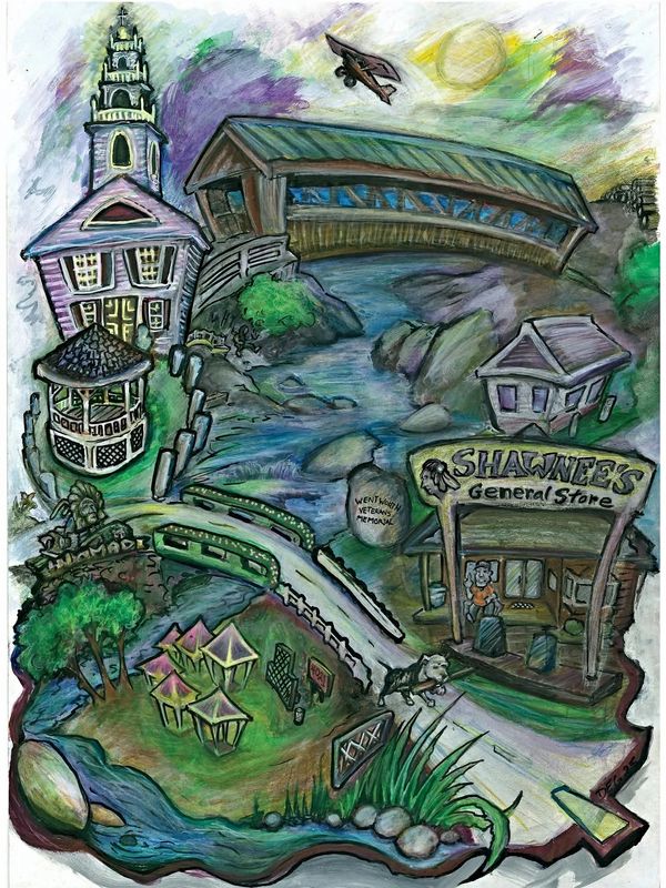Colorful artistic map of Wentworth NH featuring Shawnee's General Store, a covered bridge, and a plane.