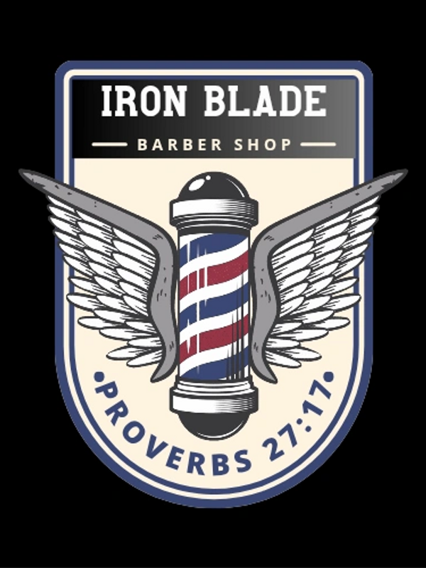 Logo of Iron Blade Barber Shop with wings and barber pole.