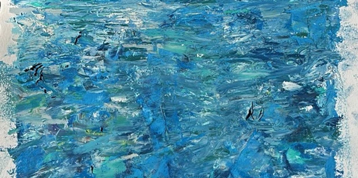 Abstract painting with textured blue and white brushstrokes.