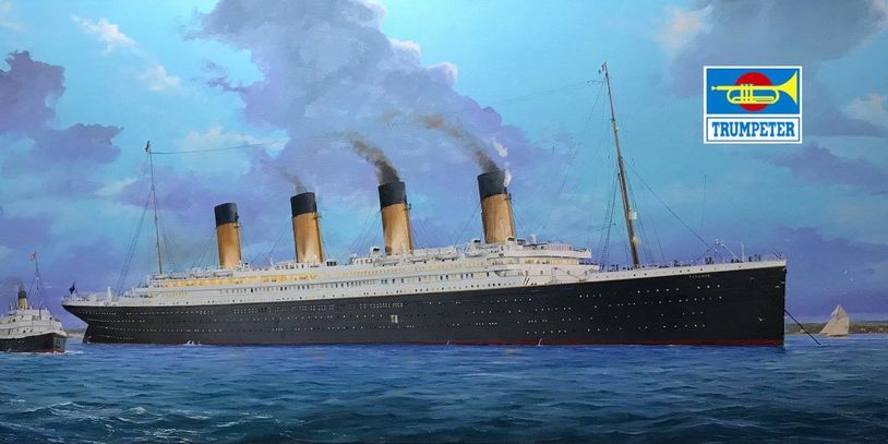 Painting of a large ocean liner with four smokestacks on calm waters under a cloudy sky.