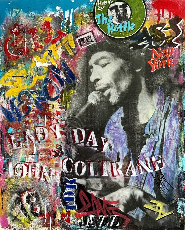 Colorful graffiti-style portrait of a jazz musician singing into a microphone.