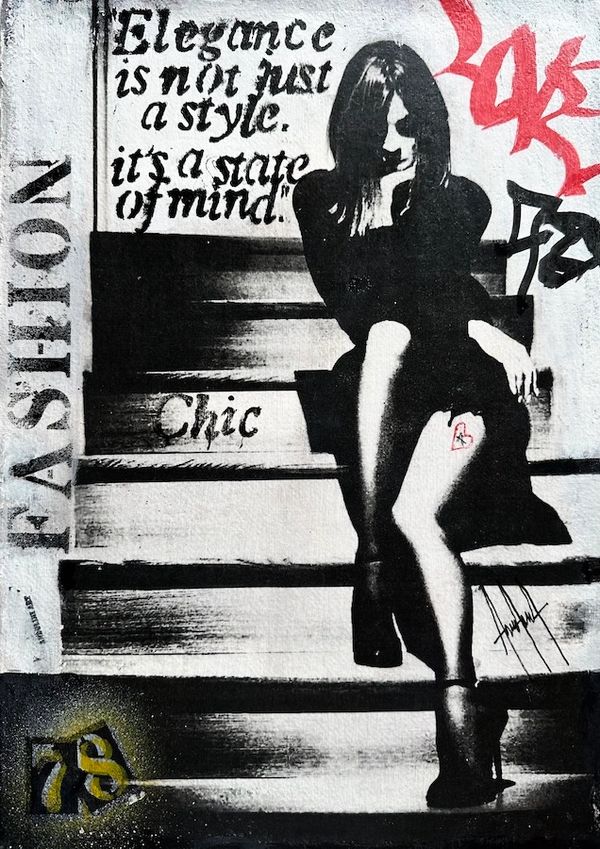 Black and white graffiti art of a stylish woman sitting on stairs with a quote about elegance.