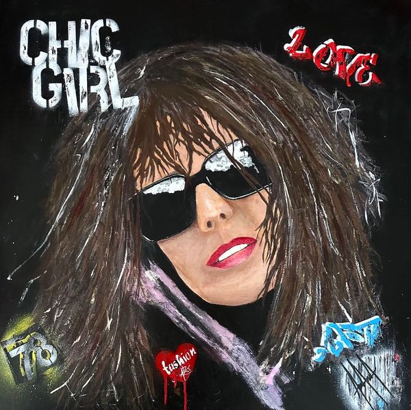 Stylized portrait of a girl with sunglasses and graffiti text on black background.