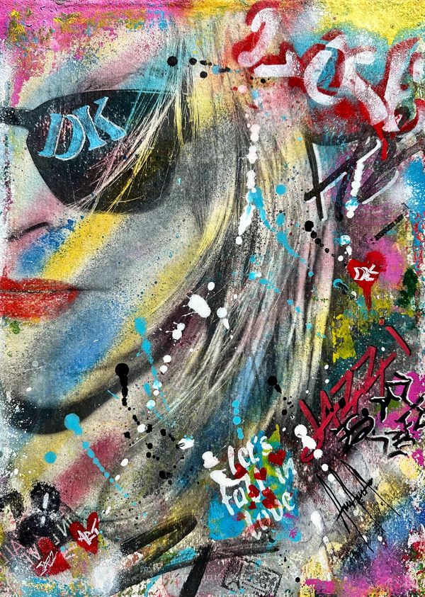 Colorful graffiti-style portrait of a woman wearing sunglasses with "DK" on the lens.