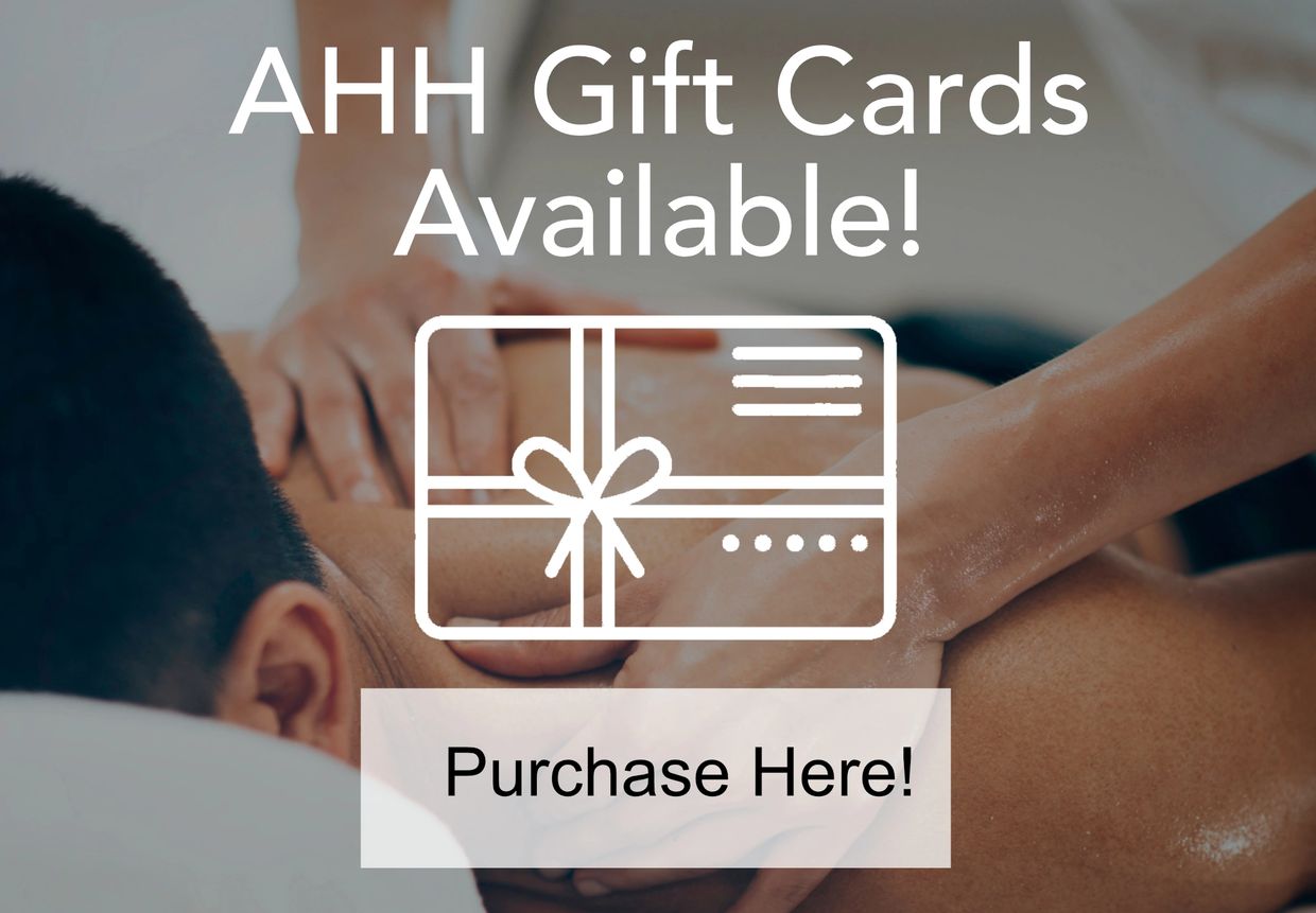 gift card image overlay with a massage therapy background. "Purchase here!" button is on the bottom.