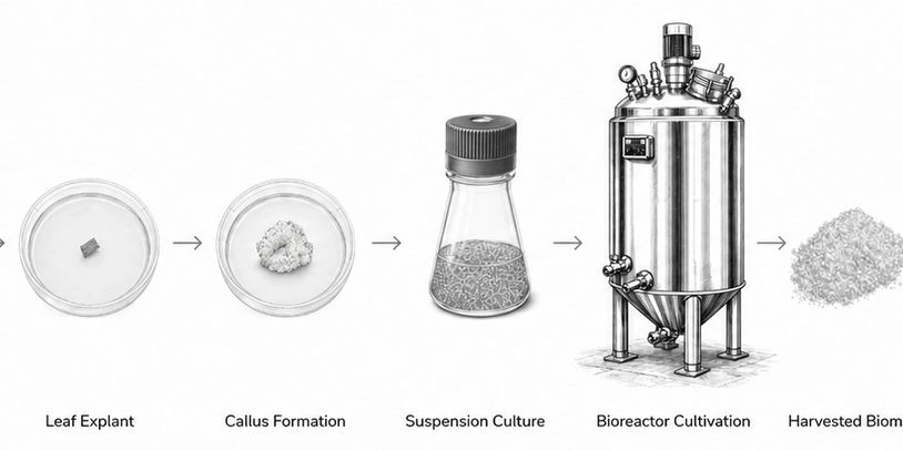 Illustration of plant tissue culture steps from leaf explant to harvested biomass.