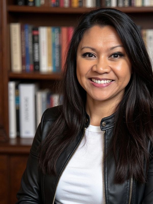 Smiling woman with long dark hair in a leather jacket in front of a bookshelf. Solo practitioner.