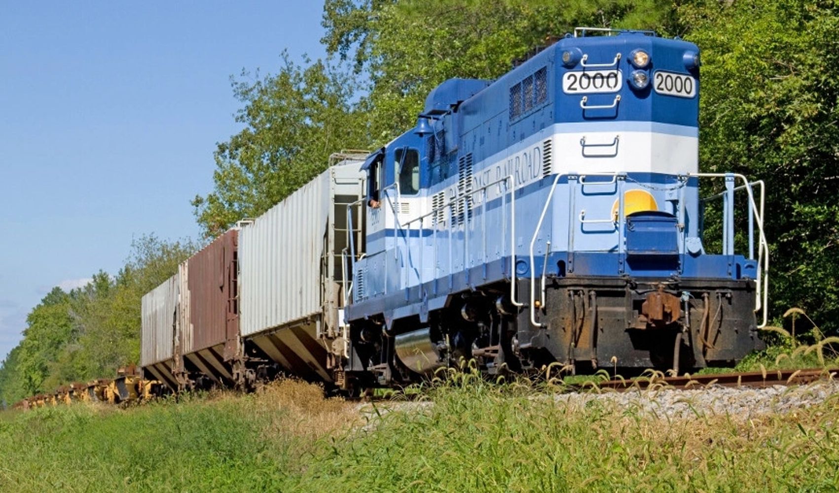 Blue and white freight train moving through a green, rural area under clear skies.