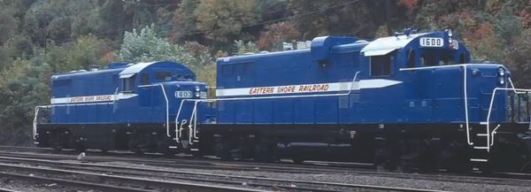 Two blue Eastern Shore Railroad locomotives on tracks in a wooded area.