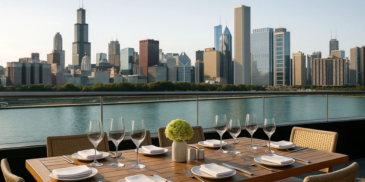 Elegant outdoor dining setup overlooking a city skyline by the water.