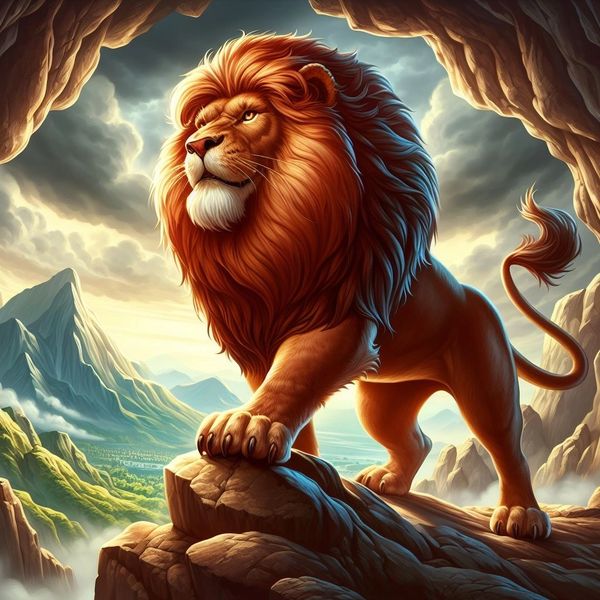 A Strong and proud Lion standing atop a mountain 