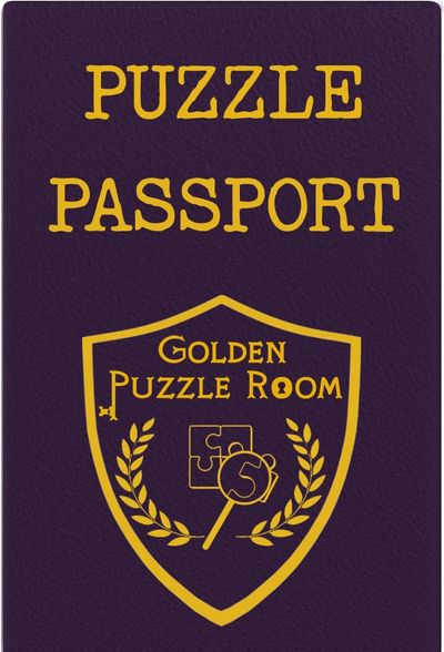 A purple puzzle passport with golden text and logo.