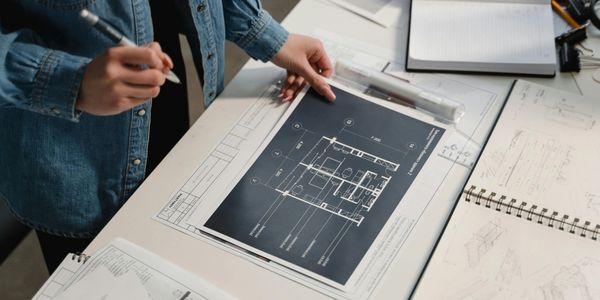 Person reviewing architectural blueprints at a desk with a pen.