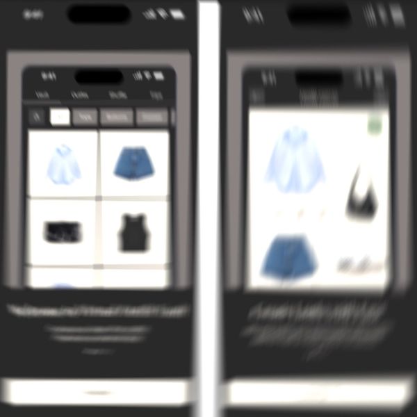 Blurry screenshots showing an online clothing store app with various apparel items.