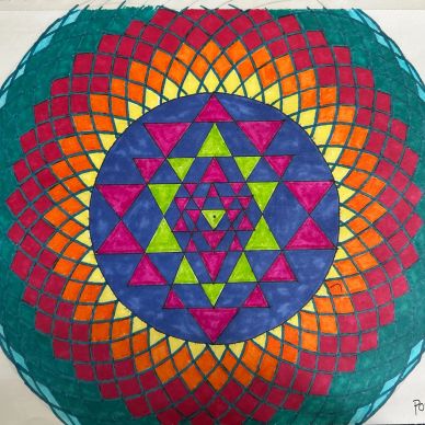 Colorful geometric mandala with triangles and circular patterns.