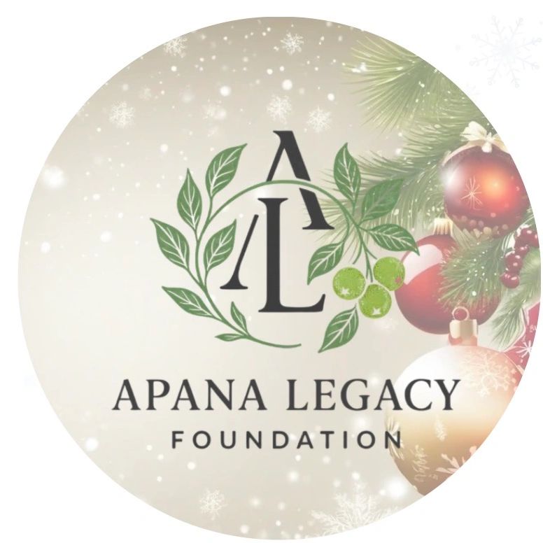 Logo of Apana Legacy Foundation with festive holiday decorations and snowflakes.