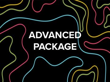 Abstract neon lines with 'ADVANCED PACKAGE' text on black background.