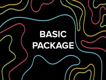 Colorful neon lines frame 'Basic Package' text on black background.