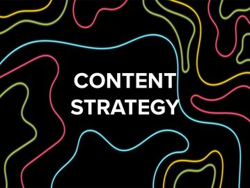 Abstract colorful lines surrounding the words 'CONTENT STRATEGY' on a black background.