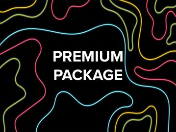 Colorful neon lines framing the words 'PREMIUM PACKAGE' on a black background.