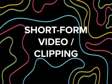 Abstract colorful lines on black background with text about short-form video clipping.