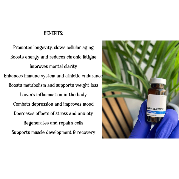 Gloved hand holding a vial labeled NAD+ Injection with a green plant background.