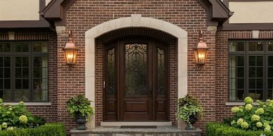 Elegant brick house entrance with wooden double doors and decorative lanterns.