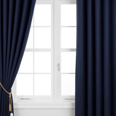 White window framed by navy blue curtains with golden tiebacks.