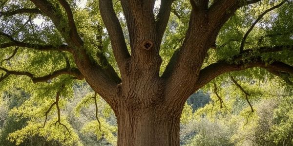 Majestic large tree with sprawling branches and lush green leaves in sunlight.