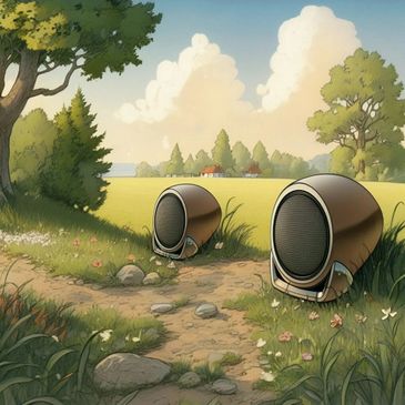 Speakers placed in a serene countryside with a winding path and vibrant greenery.