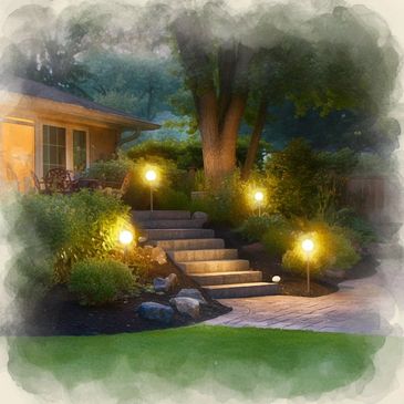 Cozy backyard steps illuminated by glowing garden lights at dusk.